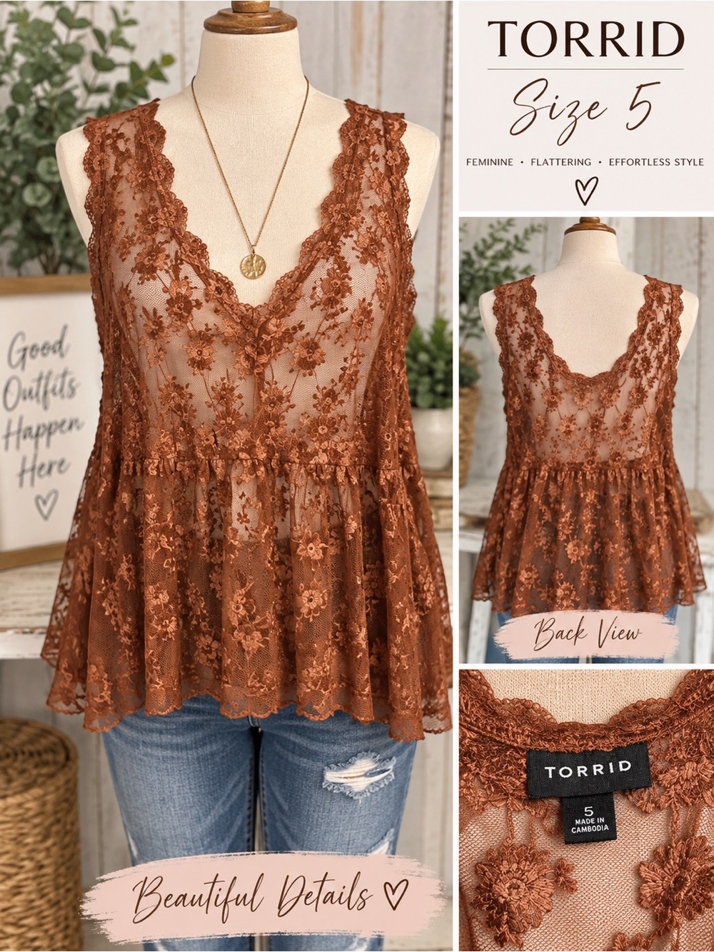torrid Rust Brown Floral Lace Peplum Camisole